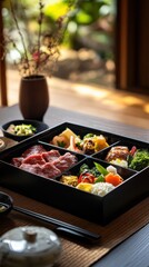 Obraz premium Gourmet bento box on tatami mat with soft natural light for dining inspiration