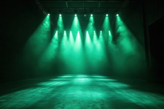 green spotlights illuminate the stage floor in a dark room creating an atmosphere of anticipation the lighting serves as a striking backdrop for performances or presentations