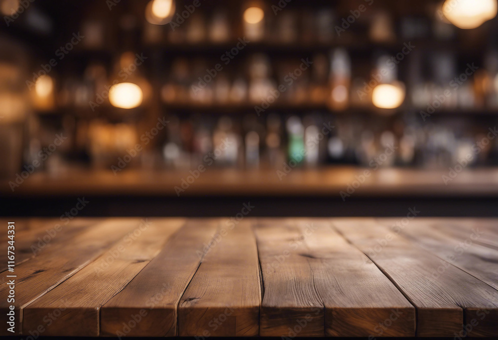 Wall mural empty wooden table rustic and blurred background of bar or pub for product display high quality phot