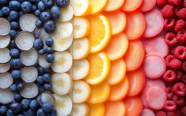 Rainbow fruit and vegetable slices.