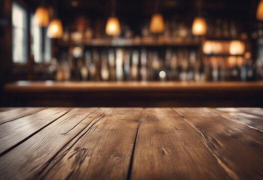 Empty wooden table rustic and blurred background of bar or pub For product display High quality phot