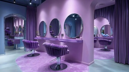 A purple salon with purple chairs and purple walls
