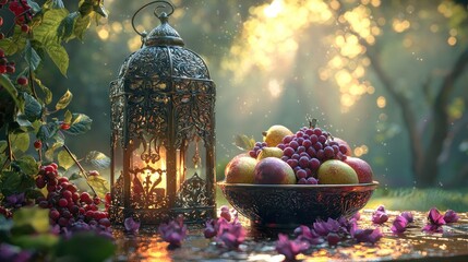 Lantern, fruit bowl in sunset garden.