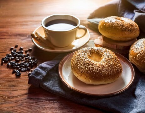 cozy morning coffee bagel breakfast on wooden table