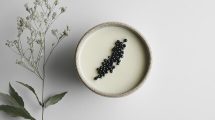 Minimalist aerial view of white bowl with black pearls on clean background for modern design