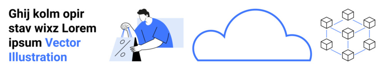 Cloud outline, blockchain network, graphics designer with pencil working on digital project. Ideal for technology, cloud computing, blockchain, graphic design, digital art, innovation and web