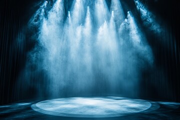 Intense rays of light converge on a blank stage creating a dramatic atmosphere with soft, diffused edges merging into darkness