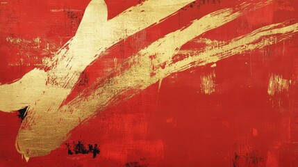 Abstract Chinese brushstroke composition with bold red strokes and shimmering gold, symbolizing wealth and luck.