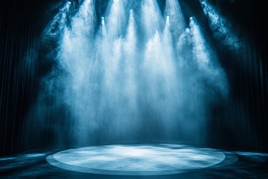 Intense rays of light converge on a blank stage creating a dramatic atmosphere with soft, diffused edges merging into darkness