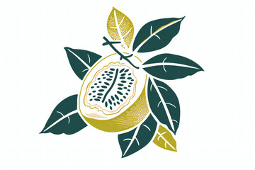 Hand-Drawn Watercolor Illustration of Green Grapefruit with Leaves and Branch, Fresh Citrus Fruit and Botanical Art