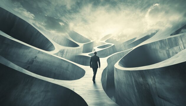 Man Making A Surreal Abstract Choice To Change Direction: A Study On Human Decision-Making And New Possibilities For Growth And Change.