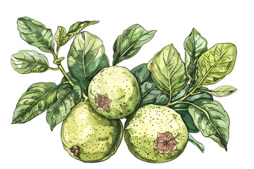 Hand-Drawn Watercolor Illustration of Green Grapefruit with Leaves and Branch, Fresh Citrus Fruit and Botanical Art