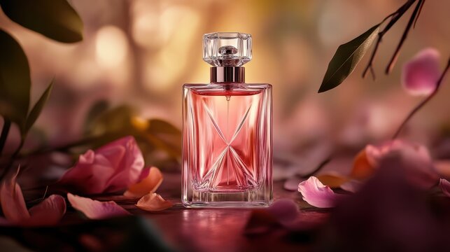 A chic perfume bottle stands beautifully amidst soft blooming petals illustrating a sense of elegance, sophistication, and the allure of luxurious fragrances in this artistic capture.