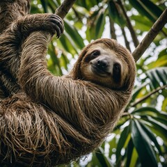 Highlight a sloth hanging from a tropical tree.
