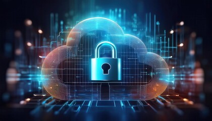 A digital cloud with a padlock symbolizes cybersecurity, data protection, and privacy in the realm of cloud computing.