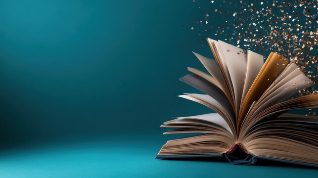 An open book with sparkling elements rising from its pages, inviting curiosity and imagination, illustrating the beauty of knowledge and storytelling in a unique way.
