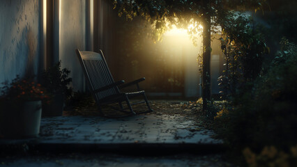 Quiet evening at a rustic porch with a rocking chair under a canopy of greenery