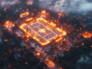 Futuristic VR stadium with holographic audience, flying drones, and dynamic lights. Ideal for tech ads, events, or promoting VR games and sports. Exciting and visually captivating design.
