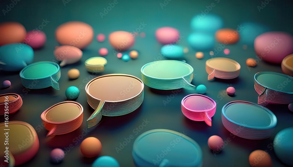 Poster a vibrant array of colorful speech bubbles and circles on a dark background, symbolizing communicati