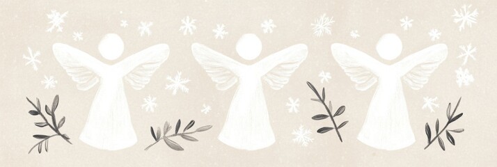 Fototapeta premium Playful snow angels in muted white tones with whimsical winter elements for seasonal design