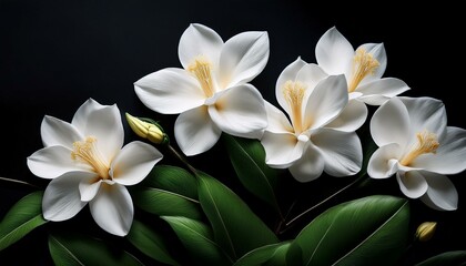 Fototapeta premium white flowers with green leaves on black heritage