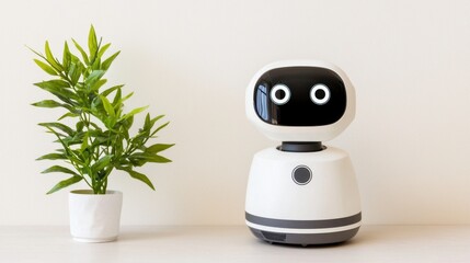 A cute, small robot with big eyes sits next to a potted plant, creating a modern, minimalist aesthetic.