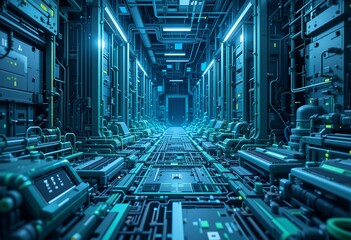 Obraz premium Futuristic Machine Corridor in Neon Blue Lighting