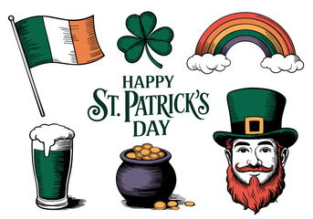 St. Patrick's Day vintage engraving style clip art, vector illustration, Irish flag, shamrock, rainbow, pot of gold, green beer, leprechaun