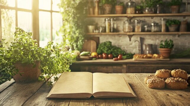 Culinary Creativity Unleashed: Ornate Empty Cookbook Surrounded by Fresh Produce and Baked Goods in a Rustic Kitchen Setting