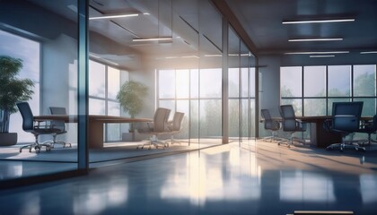 A modern office space with large windows, glass walls, and natural light illuminating a clean, minimalist design featuring plants and comfortable chairs.