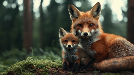 Fototapeta premium A captivating image of a mother fox sitting closely with her playful cub amidst the lush greenery of the forest, radiating warmth and love.