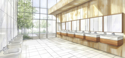 Obraz premium Bright and airy restroom with large windows allowing natural light, featuring multiple sinks and wooden cabinetry, creating a clean and inviting atmosphere.