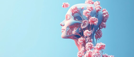 A woman's head is covered in pink flowers