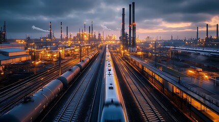 Industrial Sunset Railway Scene With Trains And Refinery