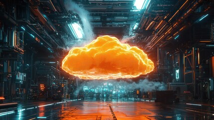 Glowing cloud in industrial server room with complex background.