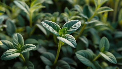 Close up of green leaves of plant in garden. Eco-friendly detailed green background