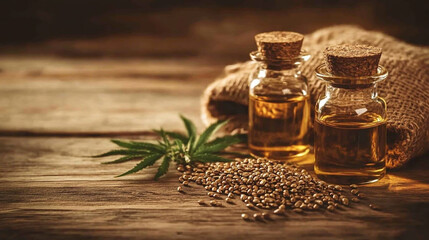Cannabis Oil in Glass Bottles with Hemp Seeds and Leaves on Wooden Table