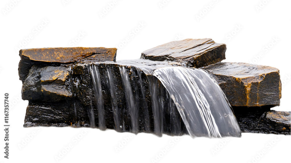 Poster a serene waterfall flowing over stacked rocks, creating a tranquil atmosphere.