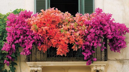quaint balcony adorned with bougainvillea in vibrant shades of pink and purple, contrasting with the white stone walls of the house. Bougainvillea 