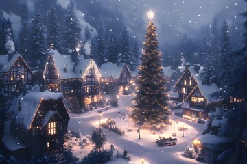Fototapeta premium A snowy village scene with a large Christmas tree, twinkling lights, and cozy houses.
