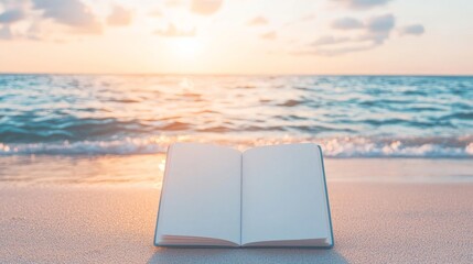 Tranquil Notebook Mockup at Beach Sunset for Mindfulness and Reflection | Serene Journaling Background with Waves | Peaceful Notepad Template