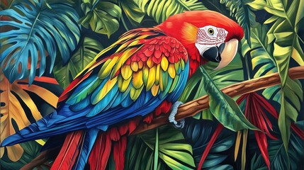Fototapeta premium Vibrant scarlet macaw perched on branch amidst lush tropical foliage.