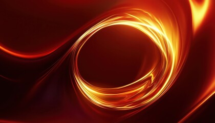 Luxurious Golden Circle Abstract Design With Glow Effect On Dark Red Background. Geometric Pattern In Modern Horizontal Template With Customizable Space.