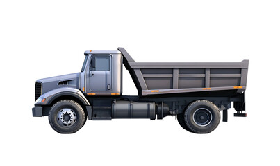 A side view of a gray dump truck, designed for transporting materials.