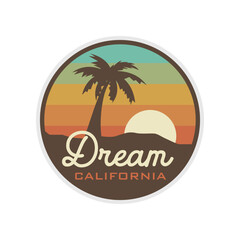 California sunset palm tree emblem logo design with vintage vibe, vector illustration