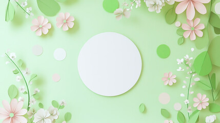 Cute Paper Art Background with White Circle, Light Green and Pastel Pink Colors, and Flowers