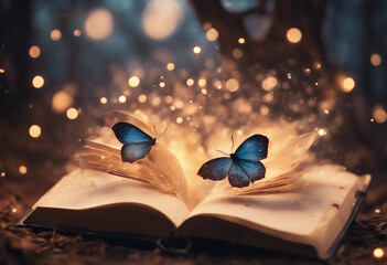 Open magic book with growing lights magic powder butterflies Magic book of elves in the fairy forest