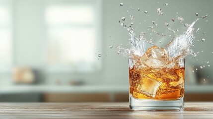An inviting image of a cocktail or soft drink splashing with ice cubes, perfect for showcasing the refreshing and fun aspects of beverages in social settings.