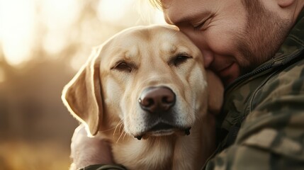 A heartwarming moment captures a dog and its owner sharing a tender embrace during golden hour, symbolizing love, companionship, and the joy of pets.