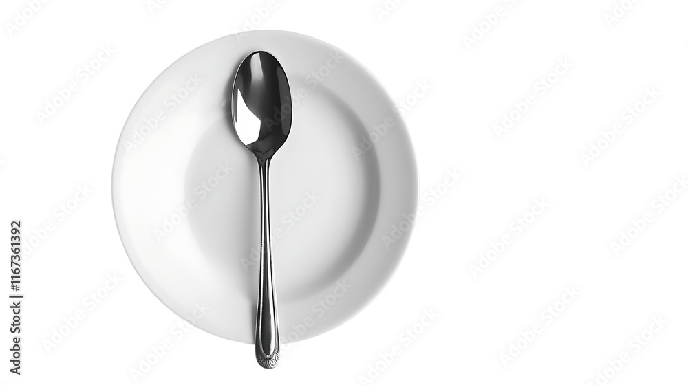 Poster a simple white plate with a shiny spoon resting on it, ready for a meal.